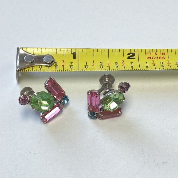 Vintage Signed Coro Pastel Green Pink Blue Purple Rhinestone Screwback Earrings - Picture 10 of 11